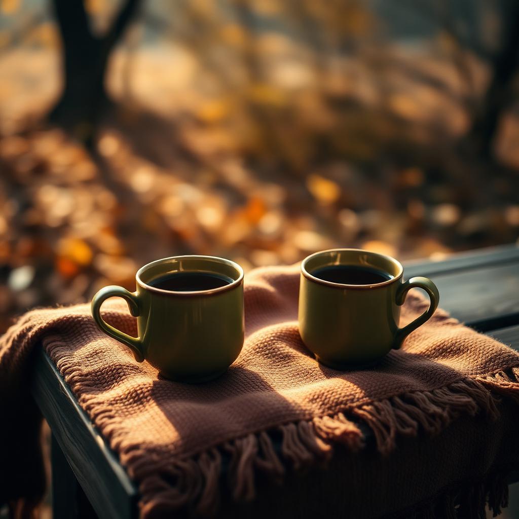Zwei Tassen Tee auf einer Herbstbank