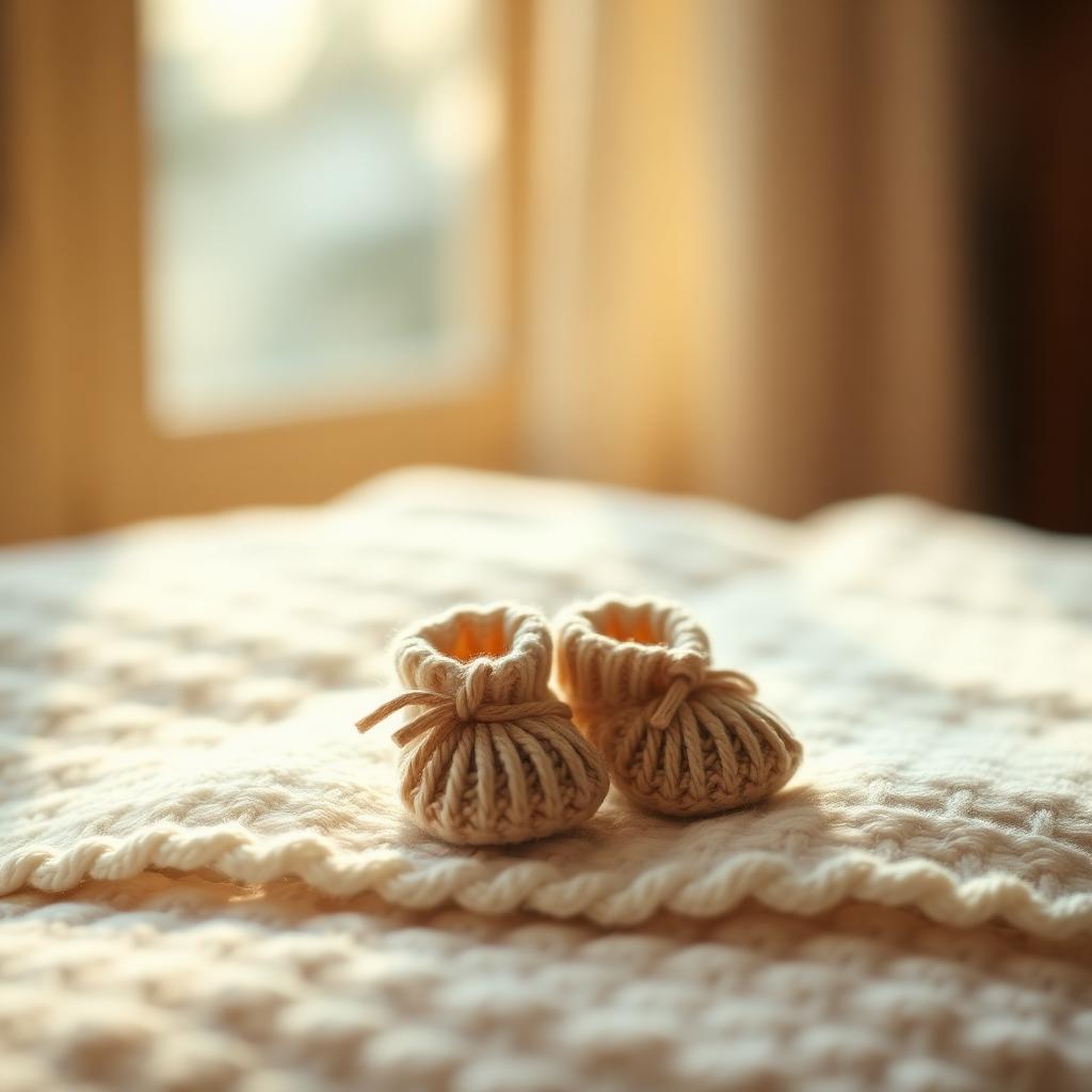 Kleine gestrickte Babyschuhe auf einer weichen Decke