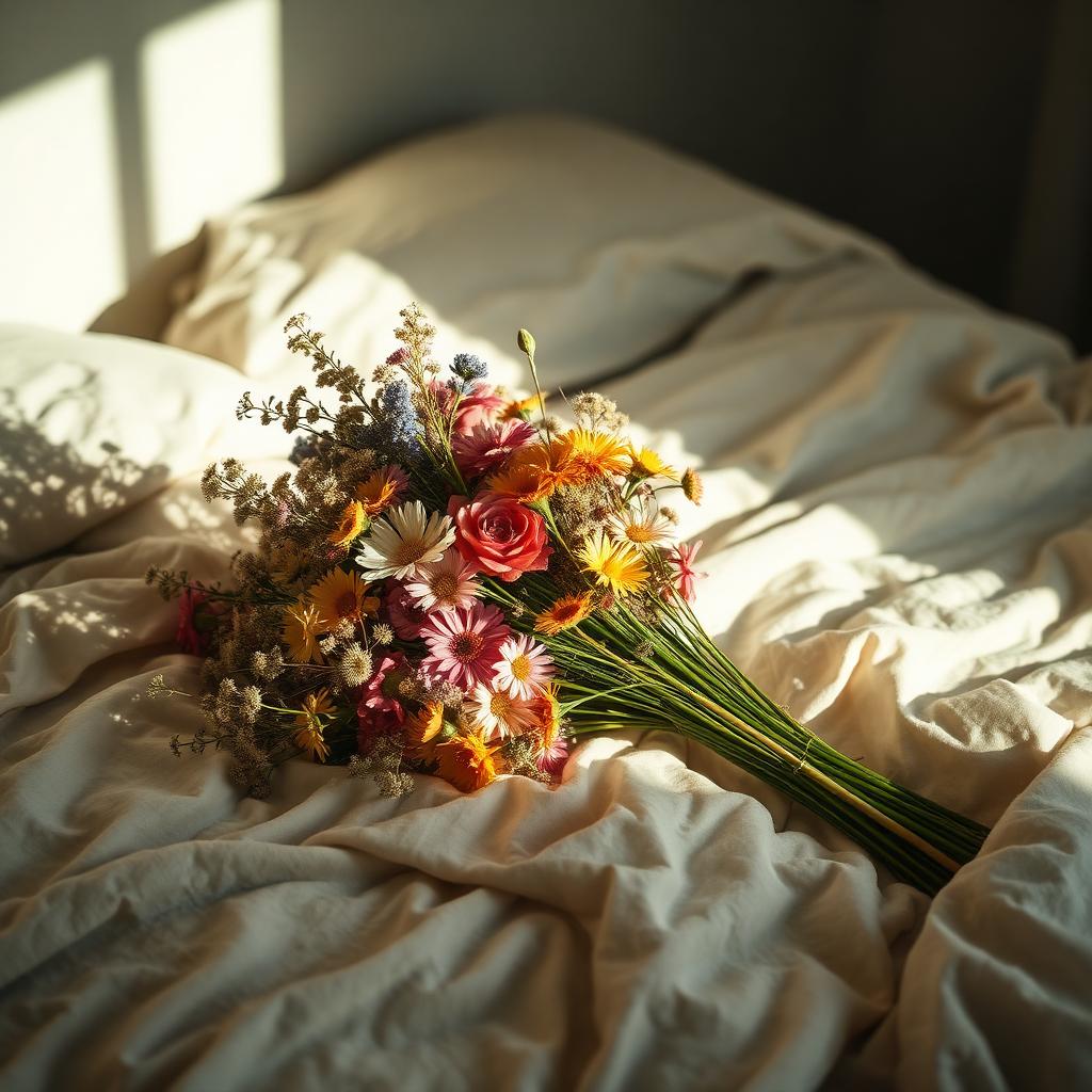 Wildblumenstrauß auf morgendlichem Bett