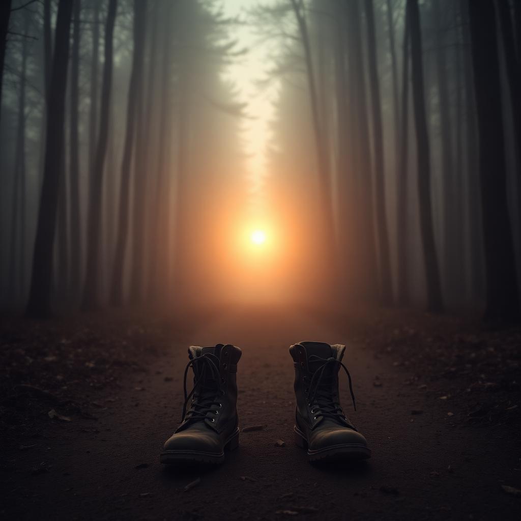 Wanderstiefel am Beginn eines Waldweges bei Sonnenaufgang